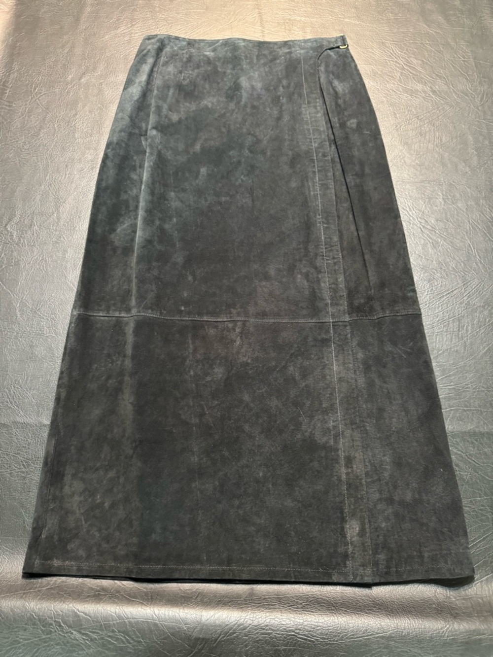 Vintage Black Suede Leather Midi Skirt Faux Wrap Minimalist Capsule Western Boho